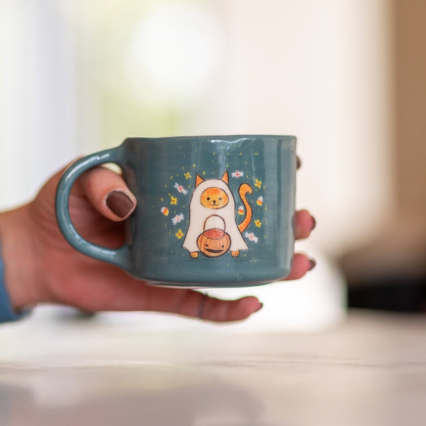 Cute Halloween Mug - Cat Mug, Handmade Ceramic Mug, Black Cat and Pumpkin Mug, Ghost Cat Funny Mug