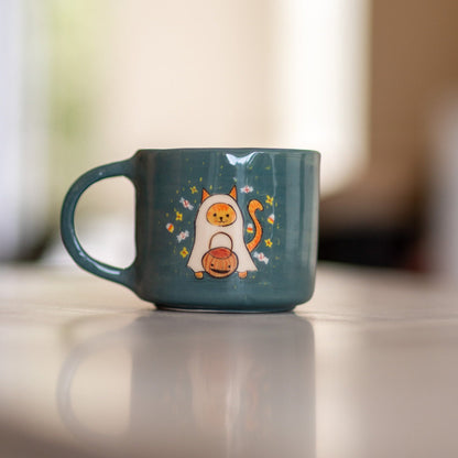 Cute Halloween Mug - Cat Mug, Handmade Ceramic Mug, Black Cat and Pumpkin Mug, Ghost Cat Funny Mug