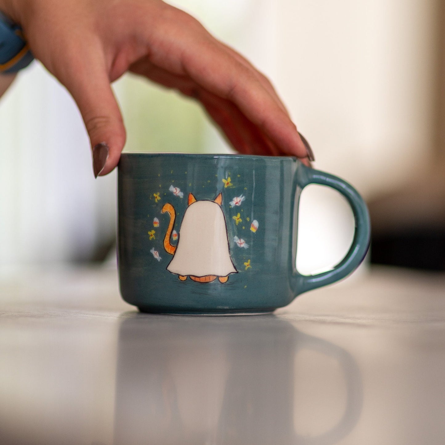 Cute Halloween Mug - Cat Mug, Handmade Ceramic Mug, Black Cat and Pumpkin Mug, Ghost Cat Funny Mug