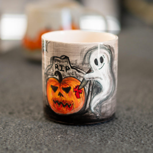 Ghost Killing Pumpkin, Funny Halloween Mug, Pottery Mug, Fall Coffee Mug