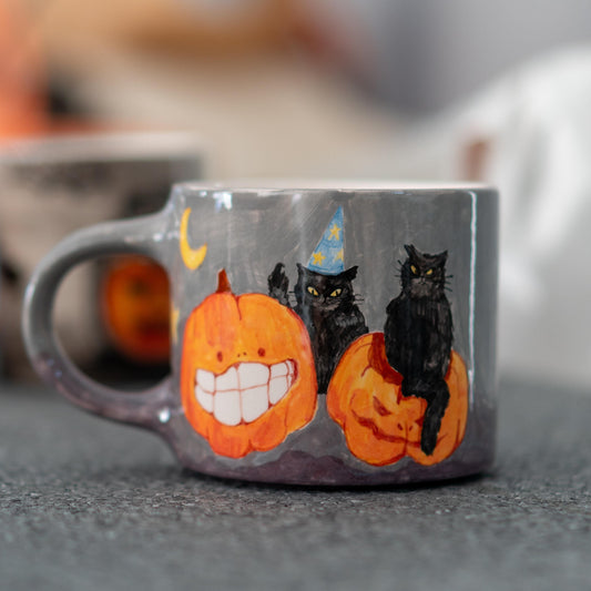 Funny Cats Halloween Mug, Pumpkin Coffee Mug, Pottery Ceramic Mug