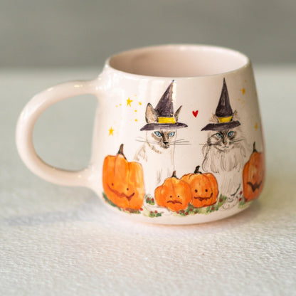 Witch Hat Cat Cute Halloween Mug, Handmade Ceramic Mug, Pumpkin Mug, Fall Mug