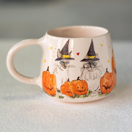 Witch Hat Cat Cute Halloween Mug, Handmade Ceramic Mug, Pumpkin Mug, Fall Mug