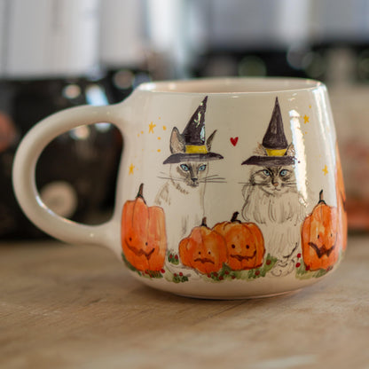 Witch Hat Cat Cute Halloween Mug, Handmade Ceramic Mug, Pumpkin Mug, Fall Mug