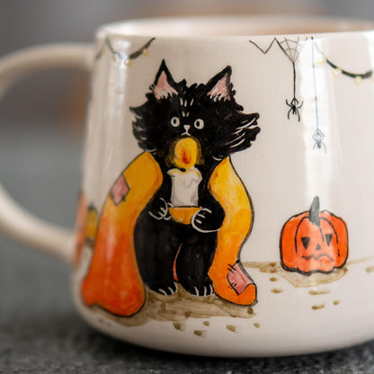 Halloween Cat Mug - Pumpkins, Handmade Ceramic Mug, Black Cat Mug