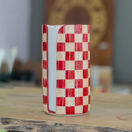 Handmade Checkered Ceramic Paper Towel Holder: Farmhouse Kitchen Decor