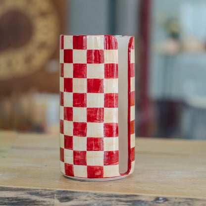 Handmade Checkered Ceramic Paper Towel Holder: Farmhouse Kitchen Decor