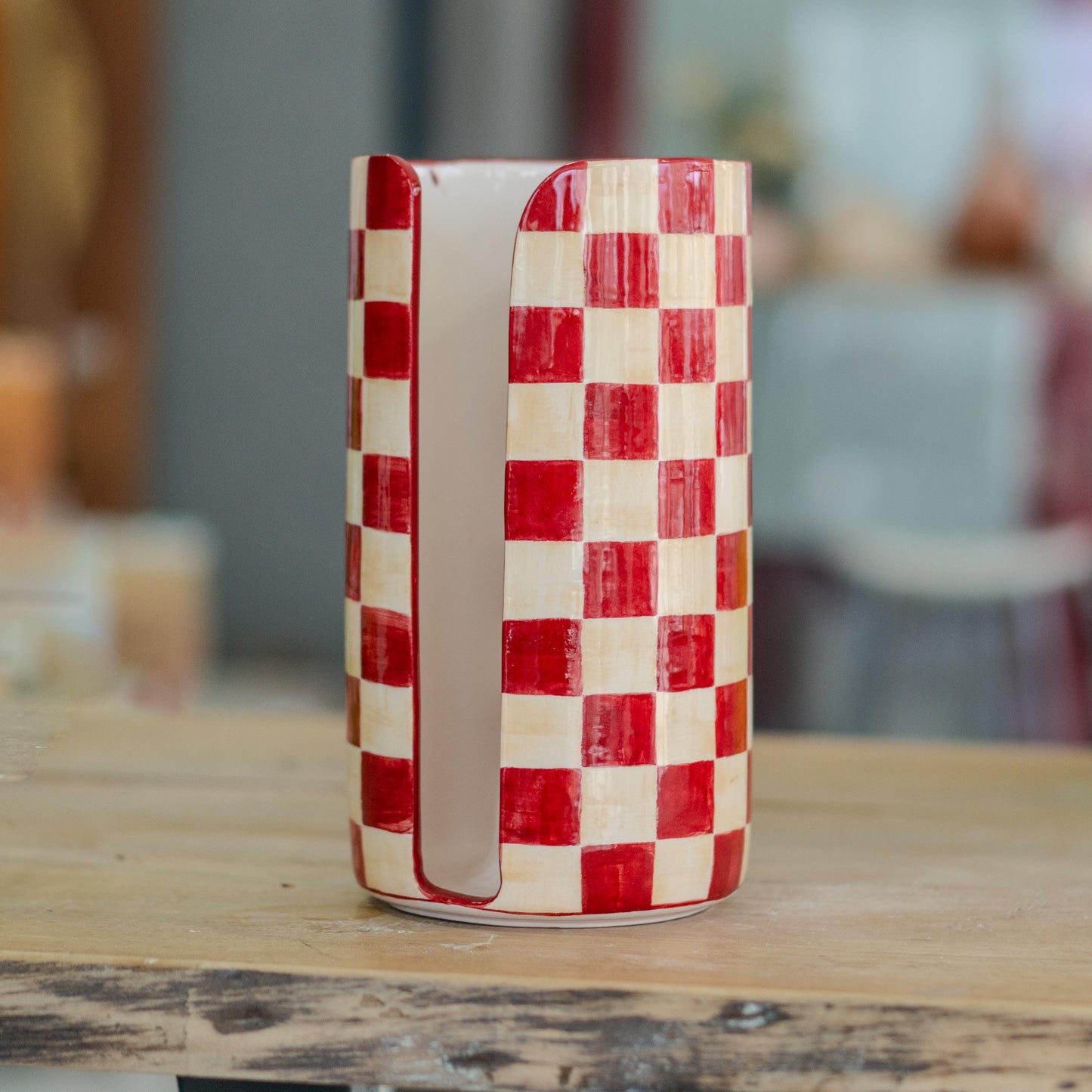 Handmade Checkered Ceramic Paper Towel Holder: Farmhouse Kitchen Decor