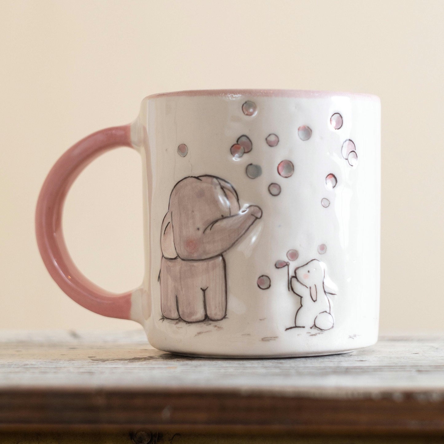 Elephant and Rabbit Coffee Mug - Pottery Mug, Colorful Handmade Ceramic Cup - Unique Gift