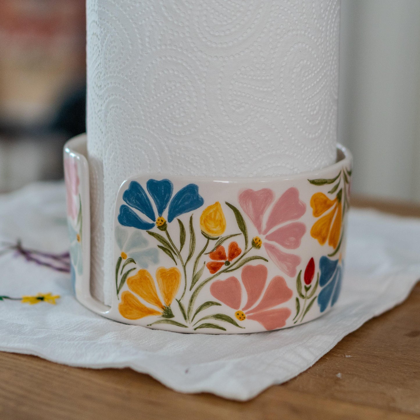 Handmade Ceramic Paper Towel Holder: Floral Holiday Kitchen Decor