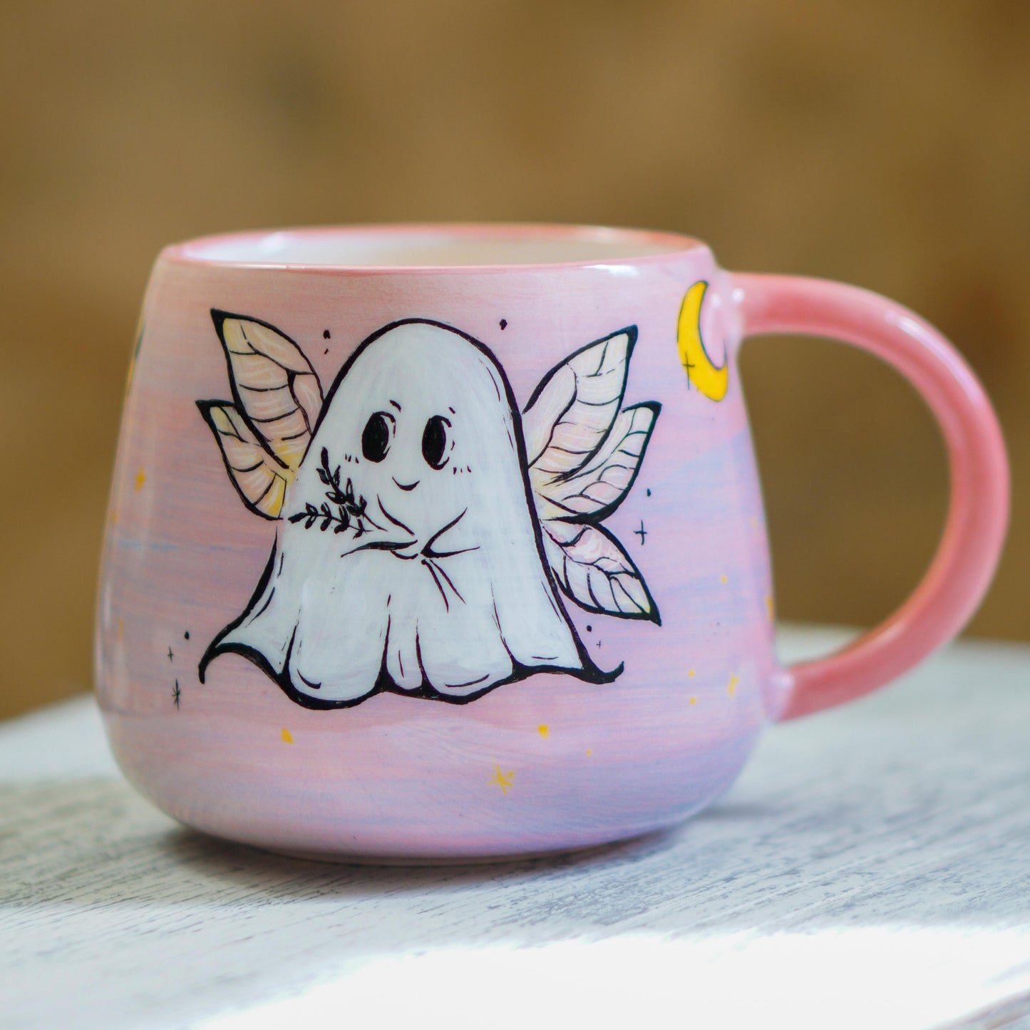 Handmade Ghost Fairy Mug: Pastel Pink Halloween Coffee Cup