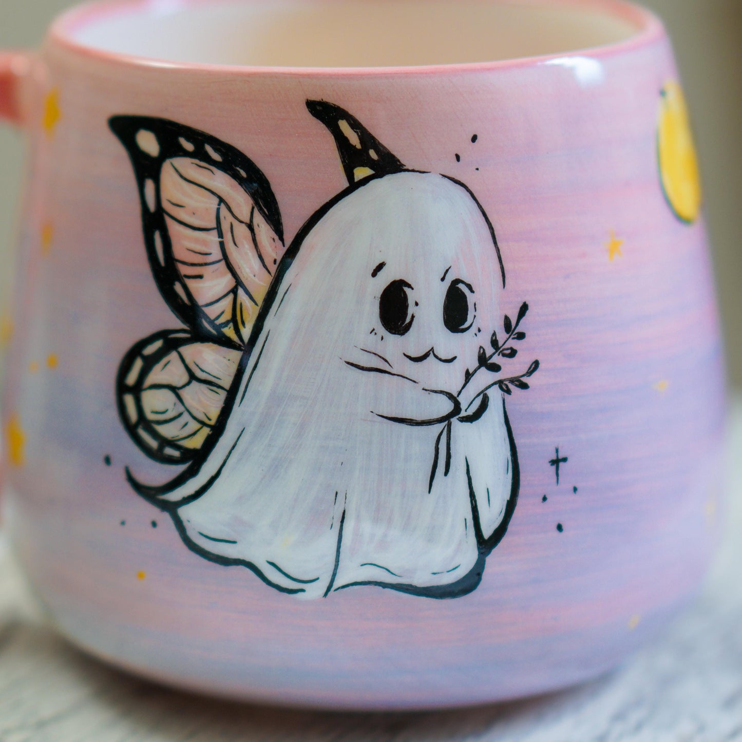 Handmade Ghost Fairy Mug: Pastel Pink Halloween Coffee Cup