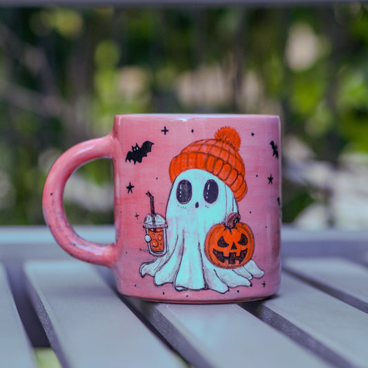 Handmade Halloween Ghost Mug: Ceramic Pumpkin Coffee Cup