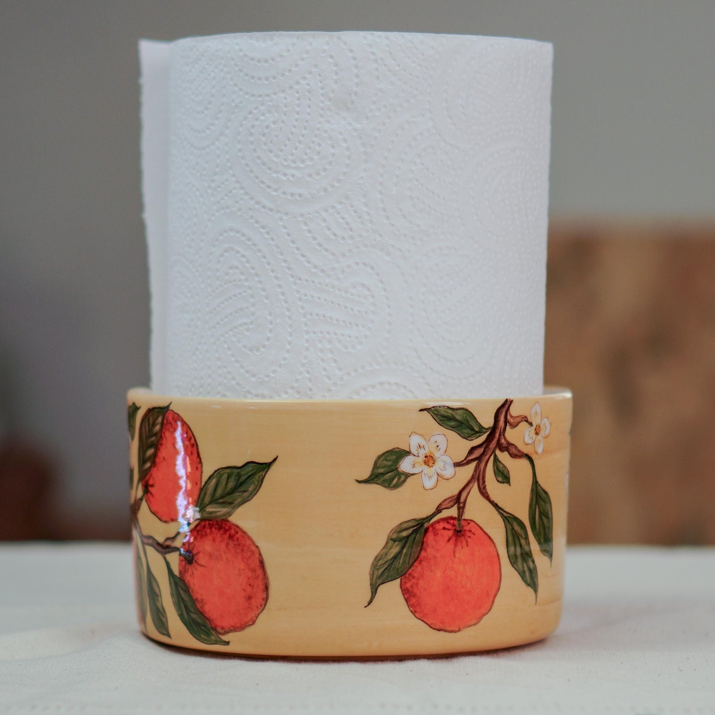 Handmade Ceramic Paper Towel Holder: Orange Blossom Kitchen Decor