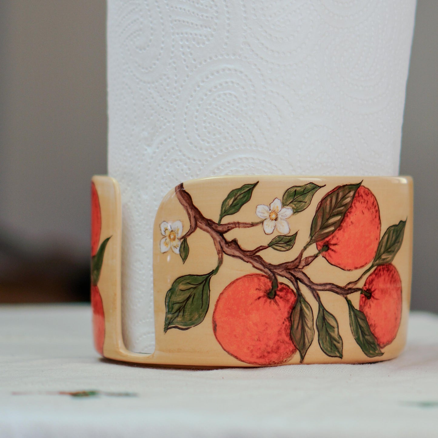 Handmade Ceramic Paper Towel Holder: Orange Blossom Kitchen Decor