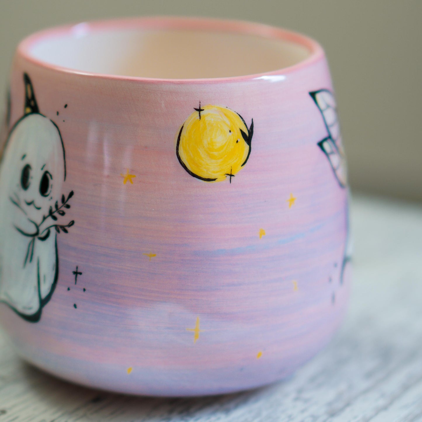 Handmade Ghost Fairy Mug: Pastel Pink Halloween Coffee Cup