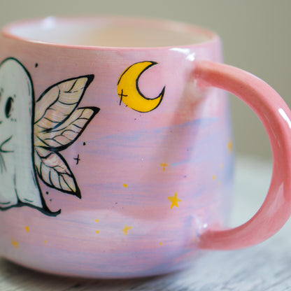 Handmade Ghost Fairy Mug: Pastel Pink Halloween Coffee Cup