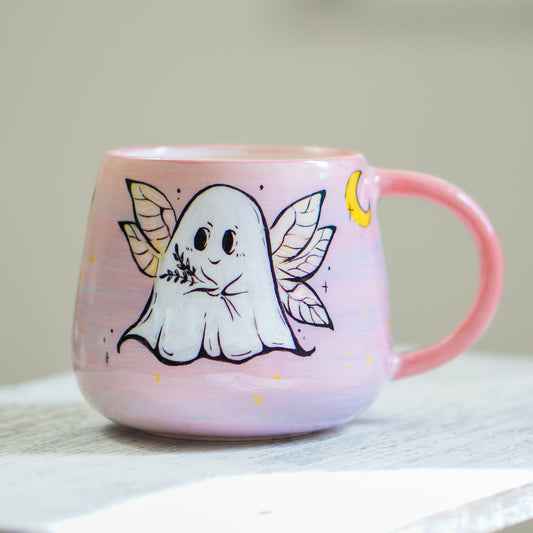 Handmade Ghost Fairy Mug: Pastel Pink Halloween Coffee Cup