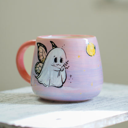 Handmade Ghost Fairy Mug: Pastel Pink Halloween Coffee Cup