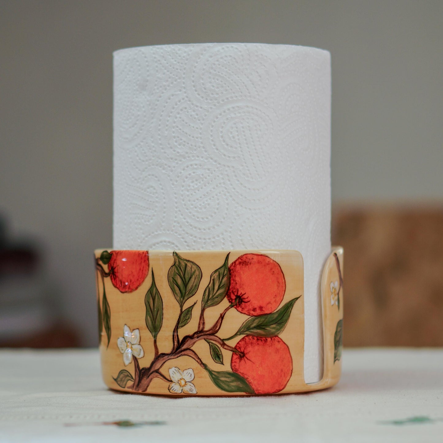 Handmade Ceramic Paper Towel Holder: Orange Blossom Kitchen Decor