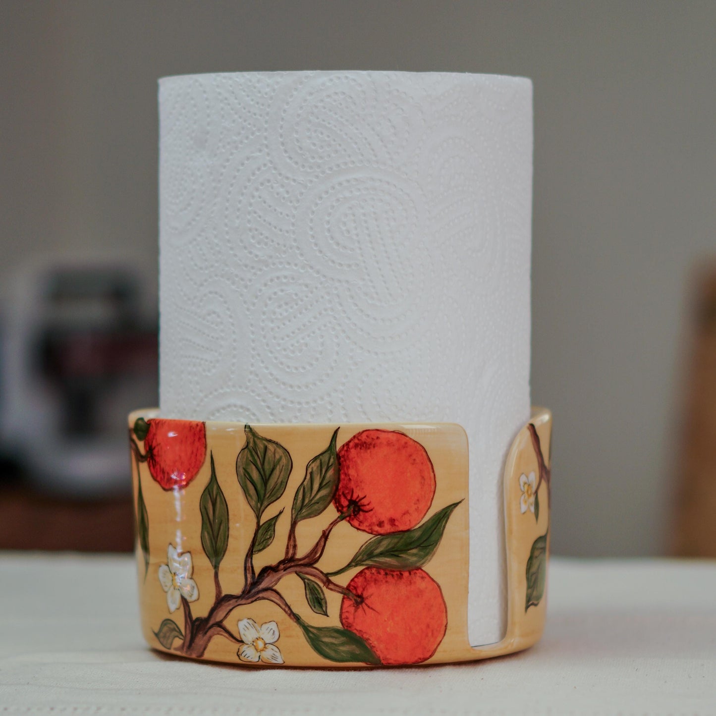 Handmade Ceramic Paper Towel Holder: Orange Blossom Kitchen Decor