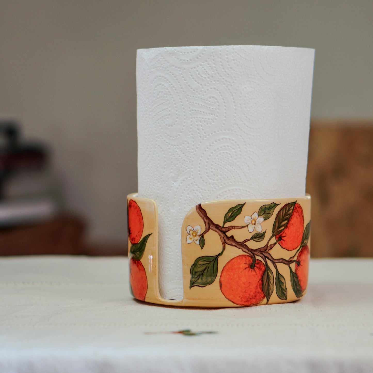 Handmade Ceramic Paper Towel Holder: Orange Blossom Kitchen Decor