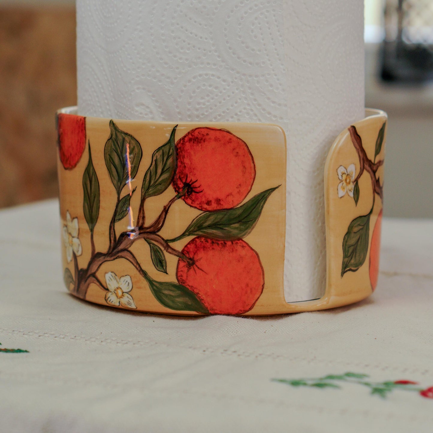Handmade Ceramic Paper Towel Holder: Orange Blossom Kitchen Decor
