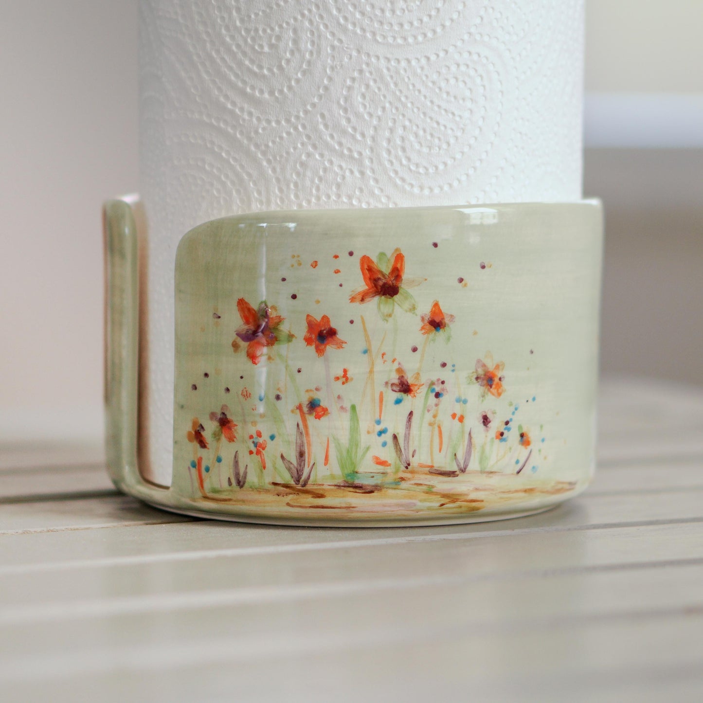 Handmade Floral Ceramic Paper Towel Holder - Paper Roll Holder