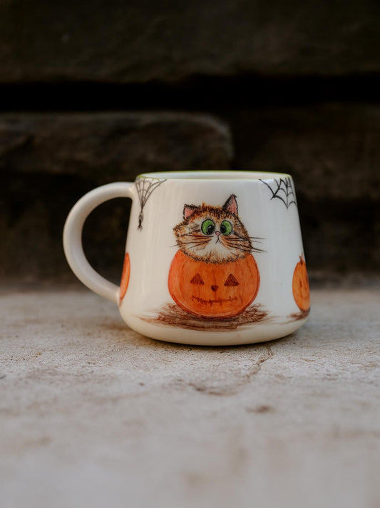 Halloween Pumpkin Cat Mug - Handmade Coffee Mug