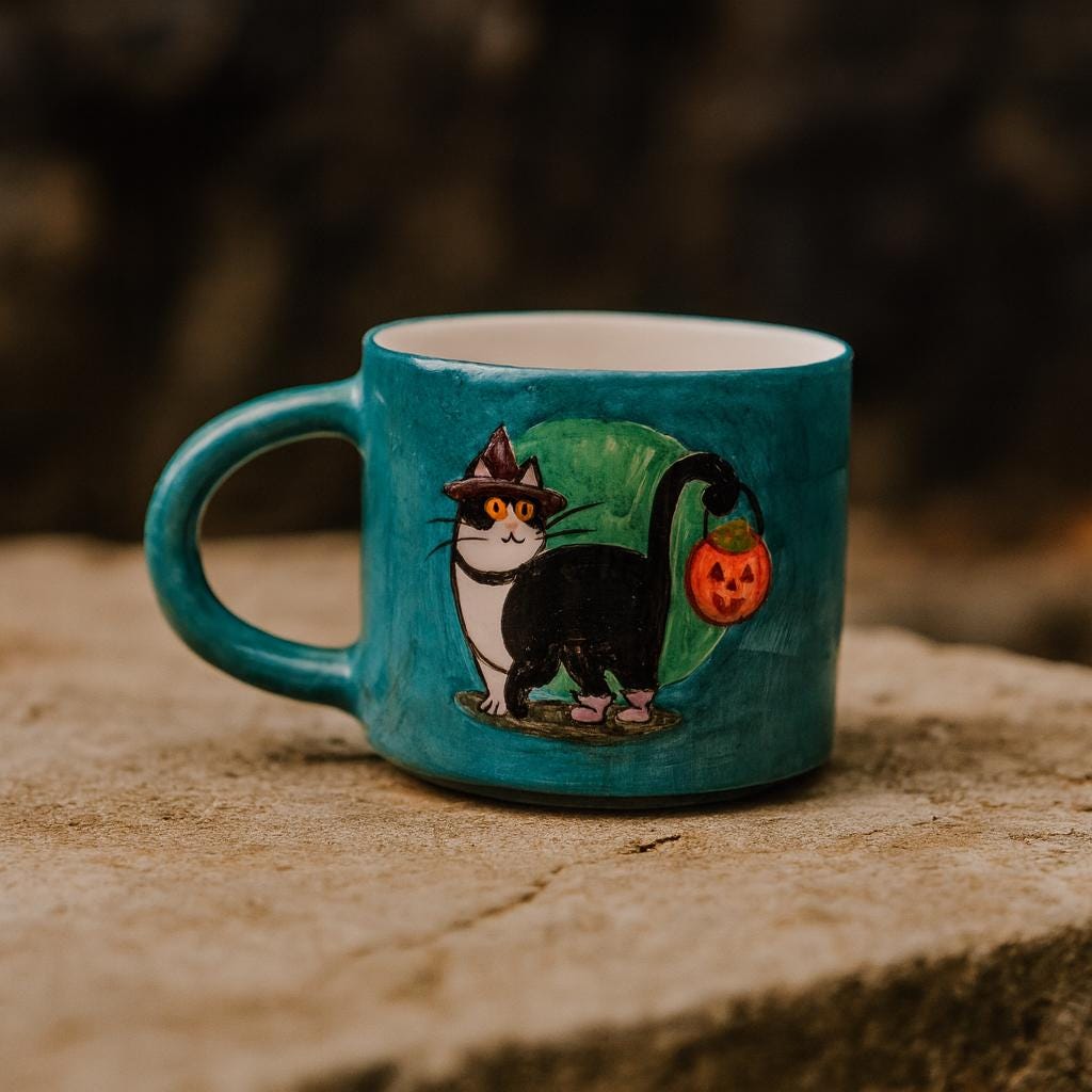 Black Cat Halloween Mug – Handmade Ceramic Coffee Mug, Spooky Witch Cat Cup with Pumpkin, Unique Halloween Gift for Cat Lovers