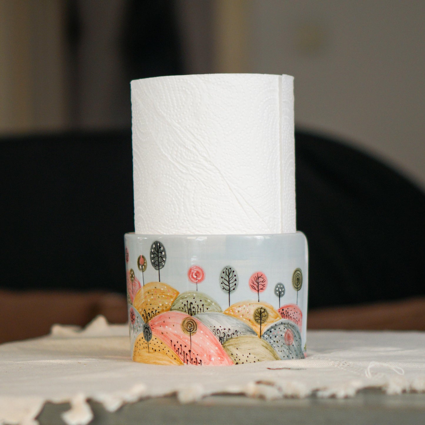 Ceramic Paper Towel Holder – Handmade Pottery Kitchen Decor, Whimsical Hand-Painted Countertop Organizer, New Home Gift