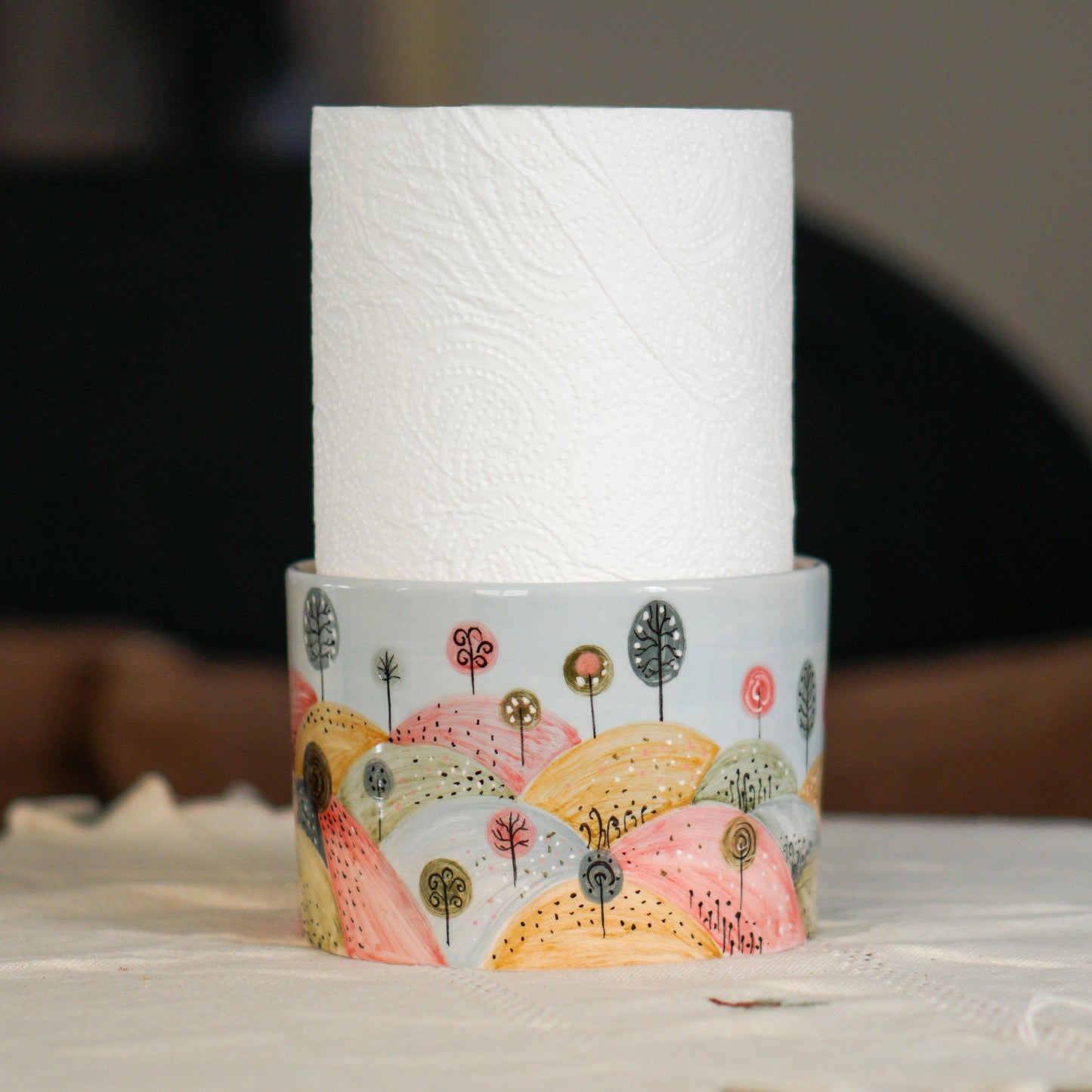 Ceramic Paper Towel Holder – Handmade Pottery Kitchen Decor, Whimsical Hand-Painted Countertop Organizer, New Home Gift
