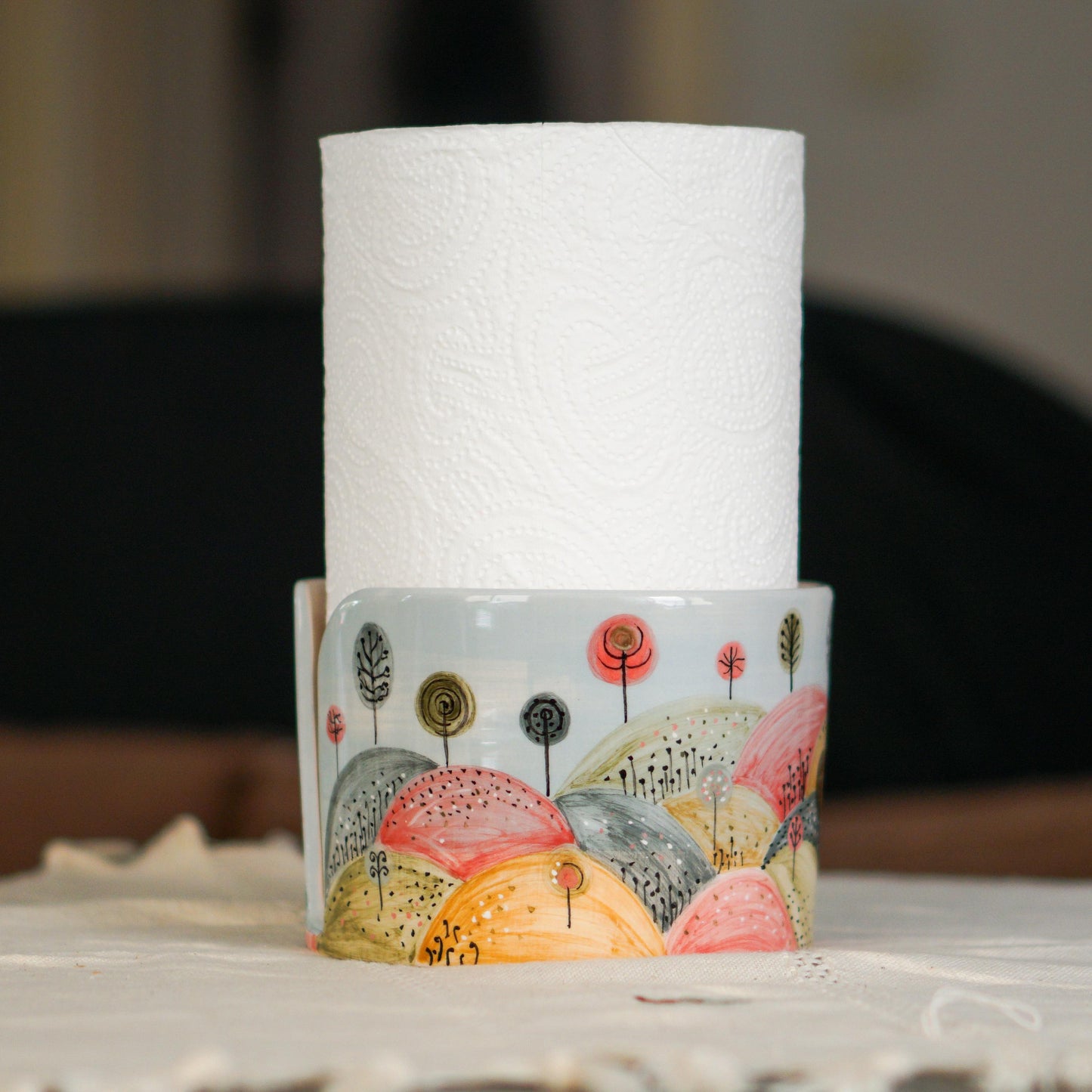 Ceramic Paper Towel Holder – Handmade Pottery Kitchen Decor, Whimsical Hand-Painted Countertop Organizer, New Home Gift