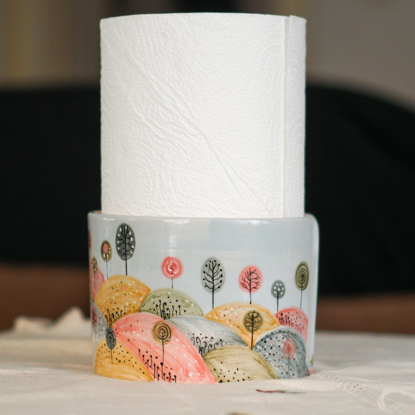 Ceramic Paper Towel Holder – Handmade Pottery Kitchen Decor, Whimsical Hand-Painted Countertop Organizer, New Home Gift