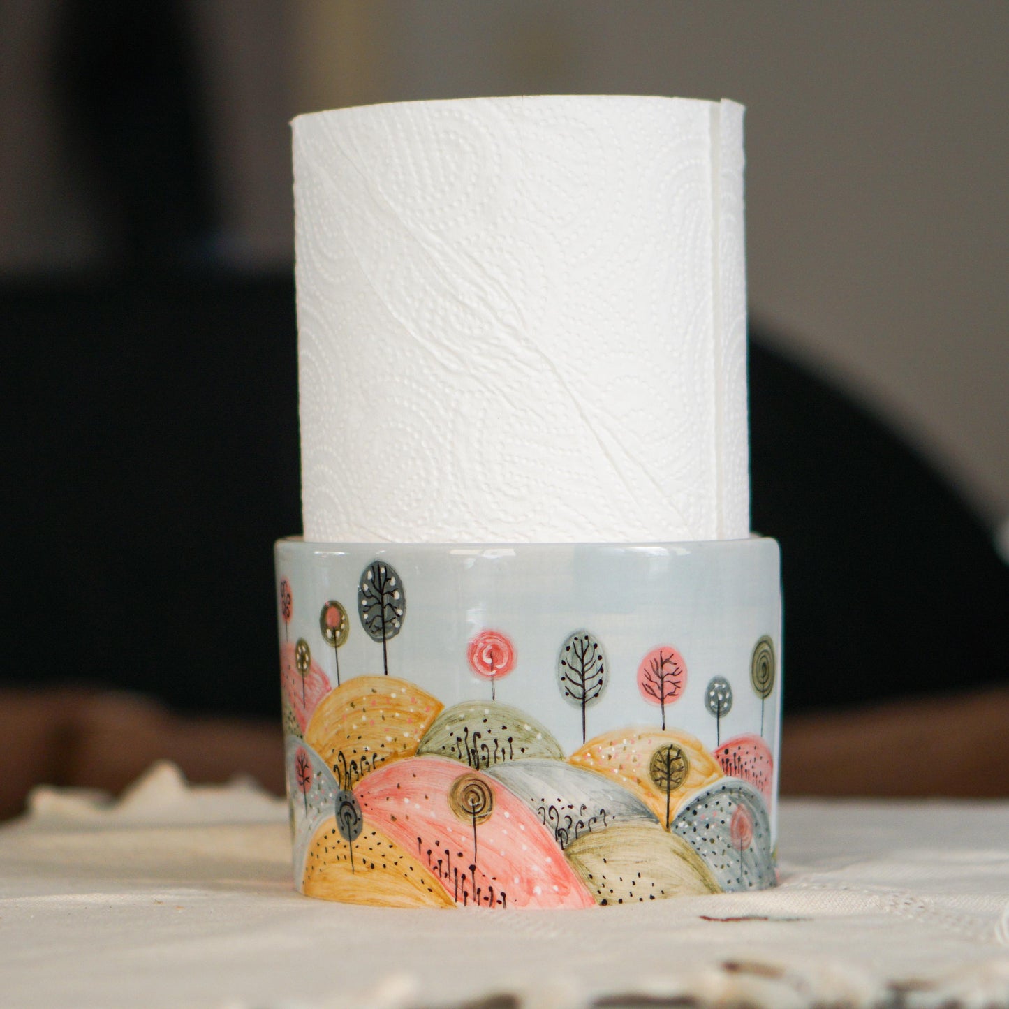 Ceramic Paper Towel Holder – Handmade Pottery Kitchen Decor, Whimsical Hand-Painted Countertop Organizer, New Home Gift