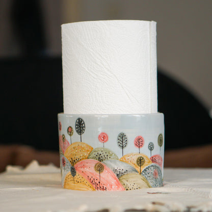 Ceramic Paper Towel Holder – Handmade Pottery Kitchen Decor, Whimsical Hand-Painted Countertop Organizer, New Home Gift
