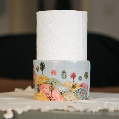 Ceramic Paper Towel Holder – Handmade Pottery Kitchen Decor, Whimsical Hand-Painted Countertop Organizer, New Home Gift