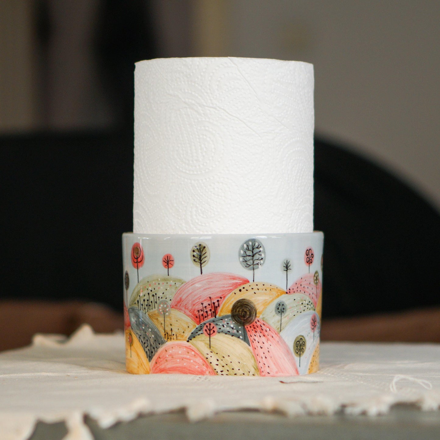 Ceramic Paper Towel Holder – Handmade Pottery Kitchen Decor, Whimsical Hand-Painted Countertop Organizer, New Home Gift