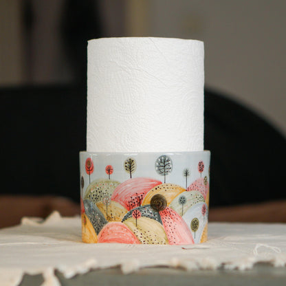 Ceramic Paper Towel Holder – Handmade Pottery Kitchen Decor, Whimsical Hand-Painted Countertop Organizer, New Home Gift