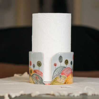 Ceramic Paper Towel Holder – Handmade Pottery Kitchen Decor, Whimsical Hand-Painted Countertop Organizer, New Home Gift