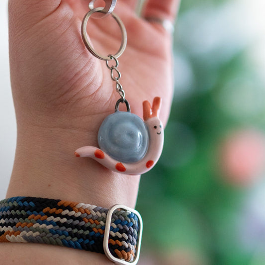 Keychain - Cute Snail Handmade Key Ring, Animal Lover Gift Idea, Ceramic Bag Accessories