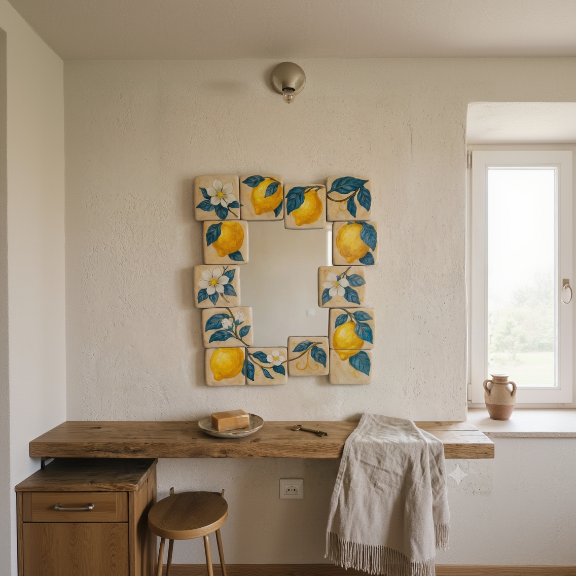 A decorative square mirror with a tile frame featuring painted lemons and white flowers, mounted on a textured cream wall above a rustic wooden shelf with a linen towel.
