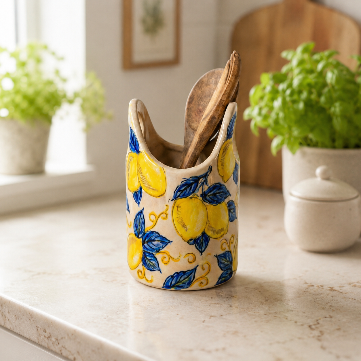 Hand Painted Lemon Ceramic Utensil Holder | Spoon Crock