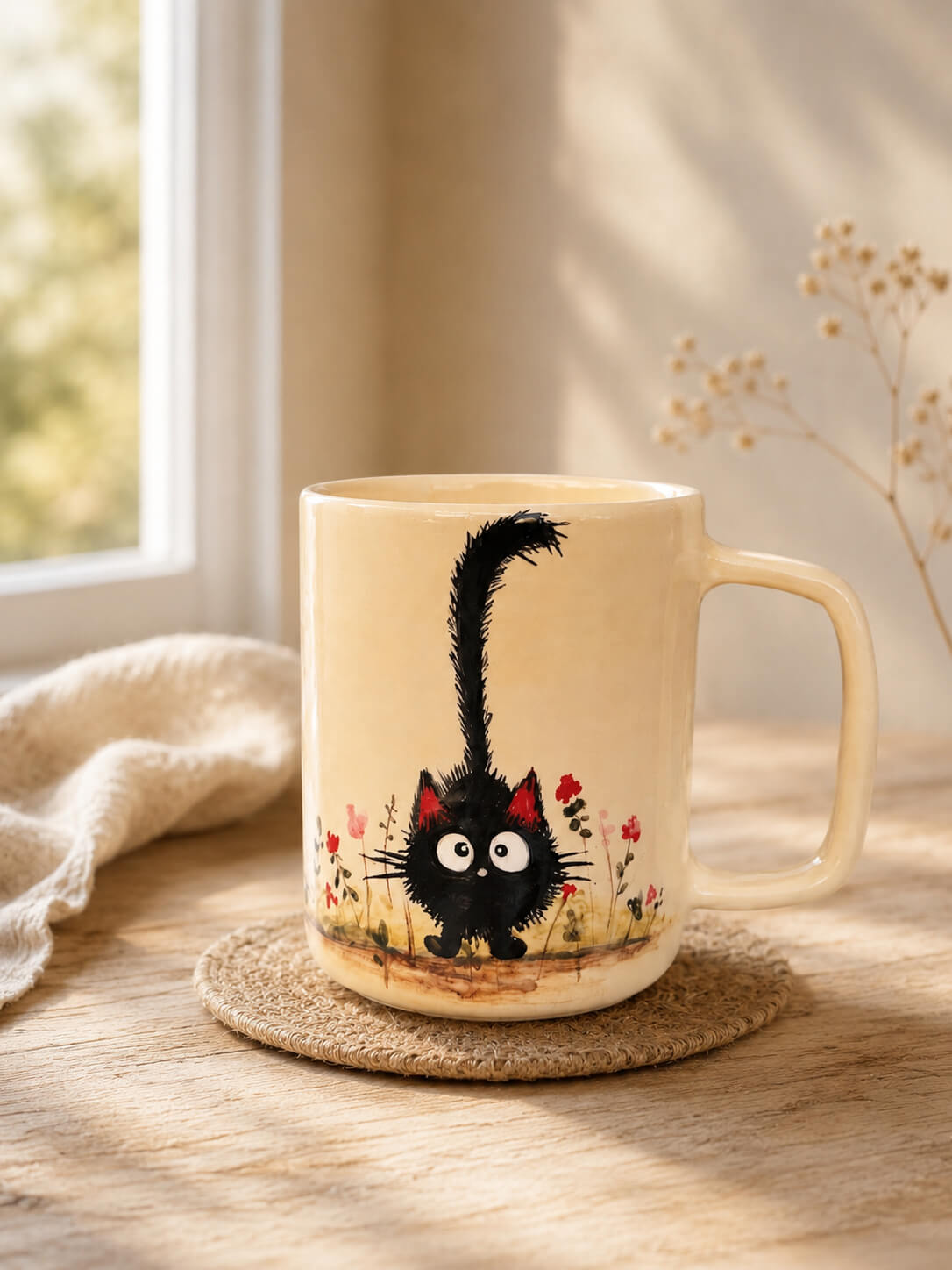 Black Cat Mug – Hand-Painted Ceramic Coffee Cup, 12 oz