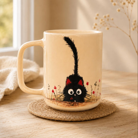 A beige ceramic mug featuring a black cat illustration with red inner ears and a long black tail, sitting on a woven coaster on a wooden table near a window.