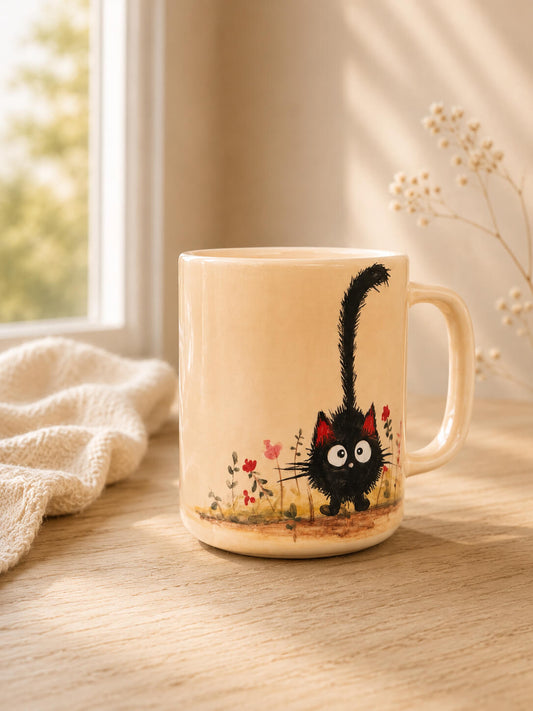 Hand Painted Black Cat Mug – Handmade Ceramic Coffee Cup