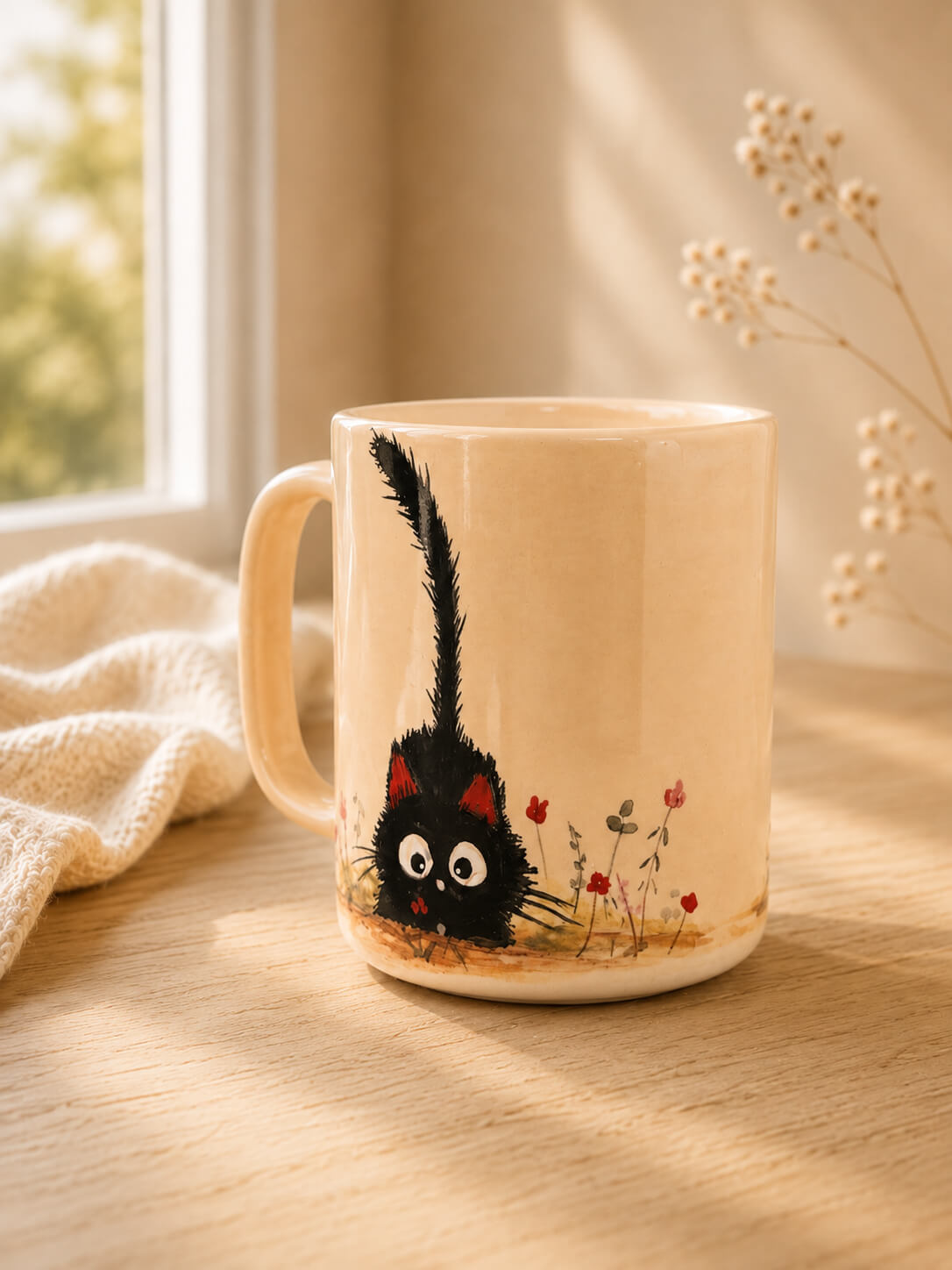 Black Cat Mug – Hand-Painted Ceramic Coffee Cup, 12 oz