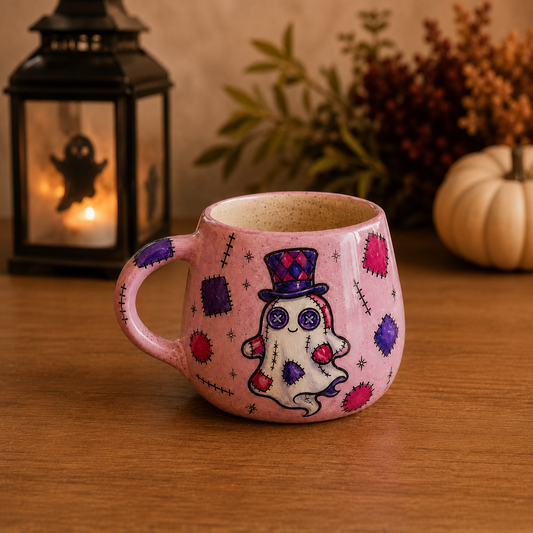 A pink ceramic mug with a hand-painted ghost design, styled on a wooden table with a black lantern and a small pumpkin in the background.