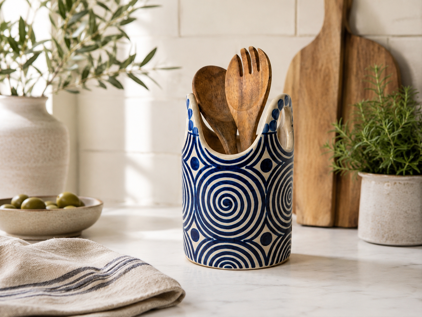 Hand Painted Blue Ceramic Utensil Holder | Spoon Crock