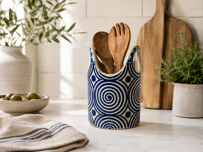 Hand Painted Blue Ceramic Utensil Holder | Spoon Crock